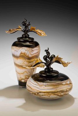 Gartner Blade - Black Strata Covered Jar and Bowl with Avian Finials