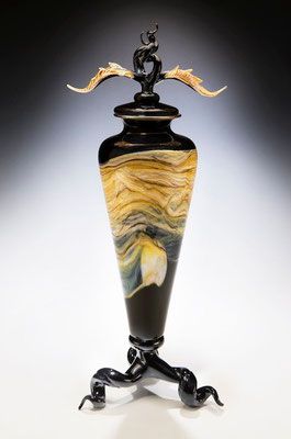 Gartner Blade - Black Strata Tendril Footed Vessel with Avian Finial