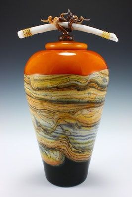 Gartner Blade - Tangerine Strata Covered Jar with Bone and Tendril Finial