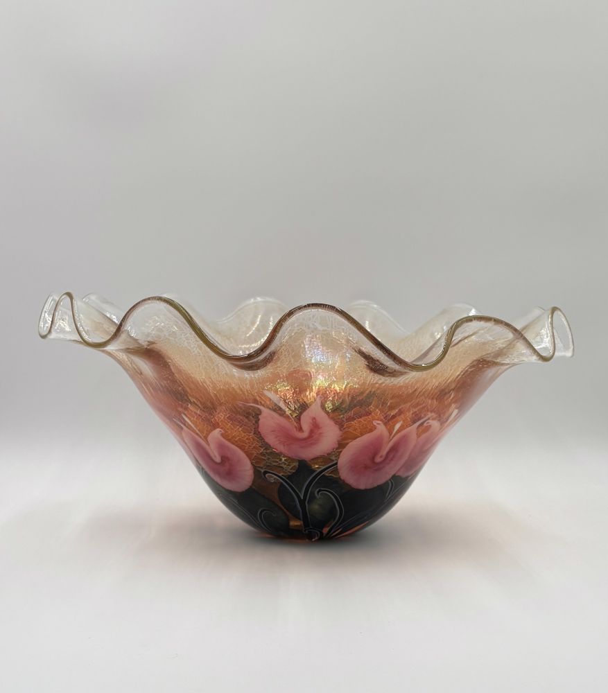 Tim Lotton - Sunset Fluted Bowl with Pink Bleeding Hearts